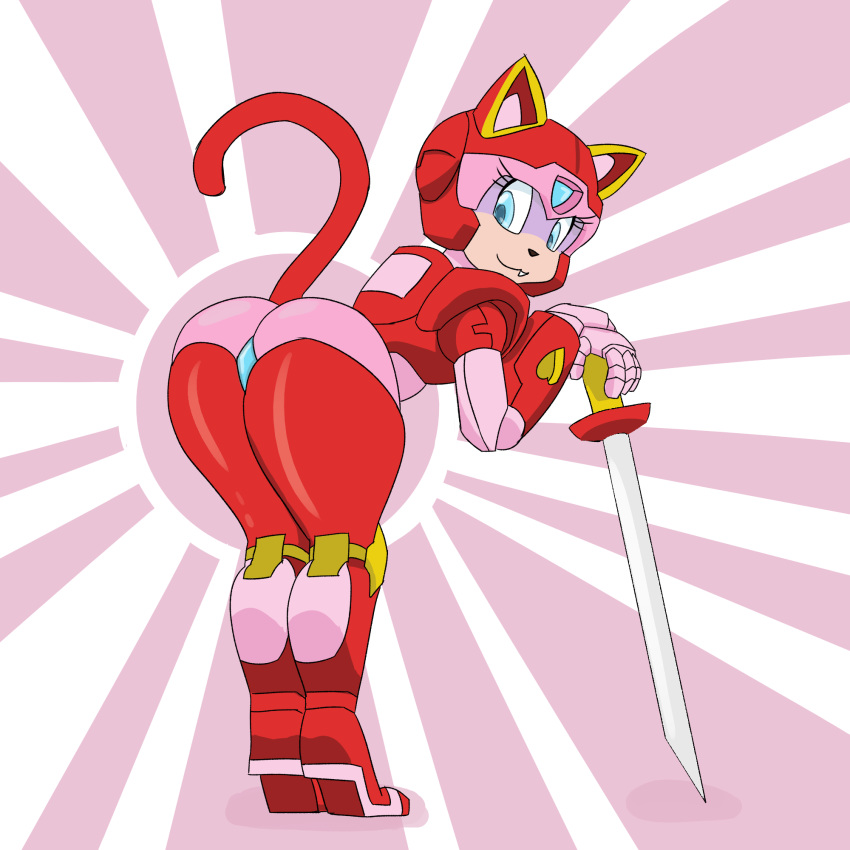 2018 abstract_background anthro armor ass_up blue_eyes butt cat digital_media_(artwork) fangs feline female helmet hi_res leaning leaning_forward looking_back machine mammal pink_skin polly_esther pose presenting presenting_hindquarters raised_tail rear_view robot samurai_pizza_cats smile solo standing stupidgnoll