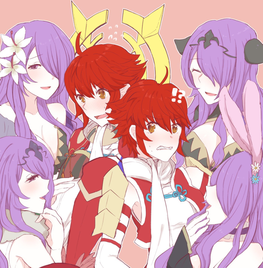 6+girls ahoge animal_ears blush breasts brown_eyes bunny_ears camilla_(fire_emblem_if) cleavage closed_eyes commentary_request fake_animal_ears fire_emblem fire_emblem_heroes fire_emblem_if flower hair_flower hair_ornament hair_over_one_eye highres hinoka_(fire_emblem_if) large_breasts long_hair multiple_girls multiple_persona open_mouth pink_background purple_eyes purple_hair red_hair scarf short_hair shoulder_armor simple_background surrounded tamukich10_0 tiara white_scarf yuri