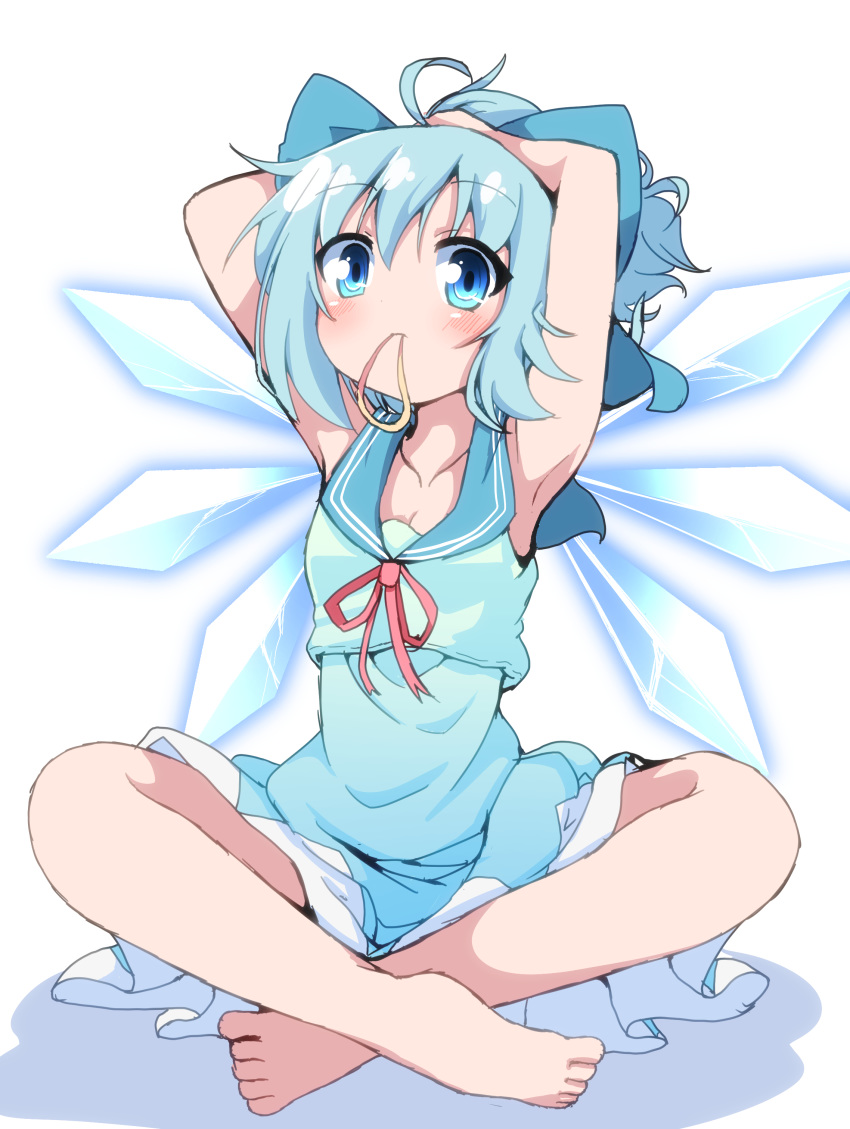 absurdres adapted_costume arms_up barefoot blue_bow blue_eyes blue_hair bow cirno collarbone crossed_legs do_(4-rt) dress eyebrows_visible_through_hair eyes_visible_through_hair full_body hair_bow hair_tie_in_mouth highres ice ice_wings looking_at_viewer mouth_hold sailor_dress short_hair simple_background sitting sleeveless sleeveless_dress solo touhou white_background wings