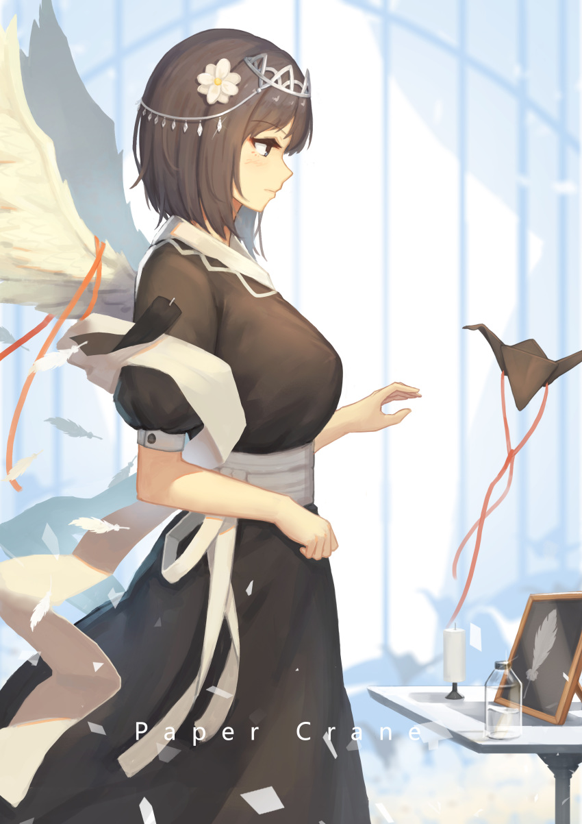 absurdres blue_eyes blush breasts brown_hair closed_mouth english feathers flower from_side hair_flower hair_ornament highres indoors large_breasts looking_away origami original paper_crane puffy_short_sleeves puffy_sleeves short_sleeves solo table yao_ren_gui