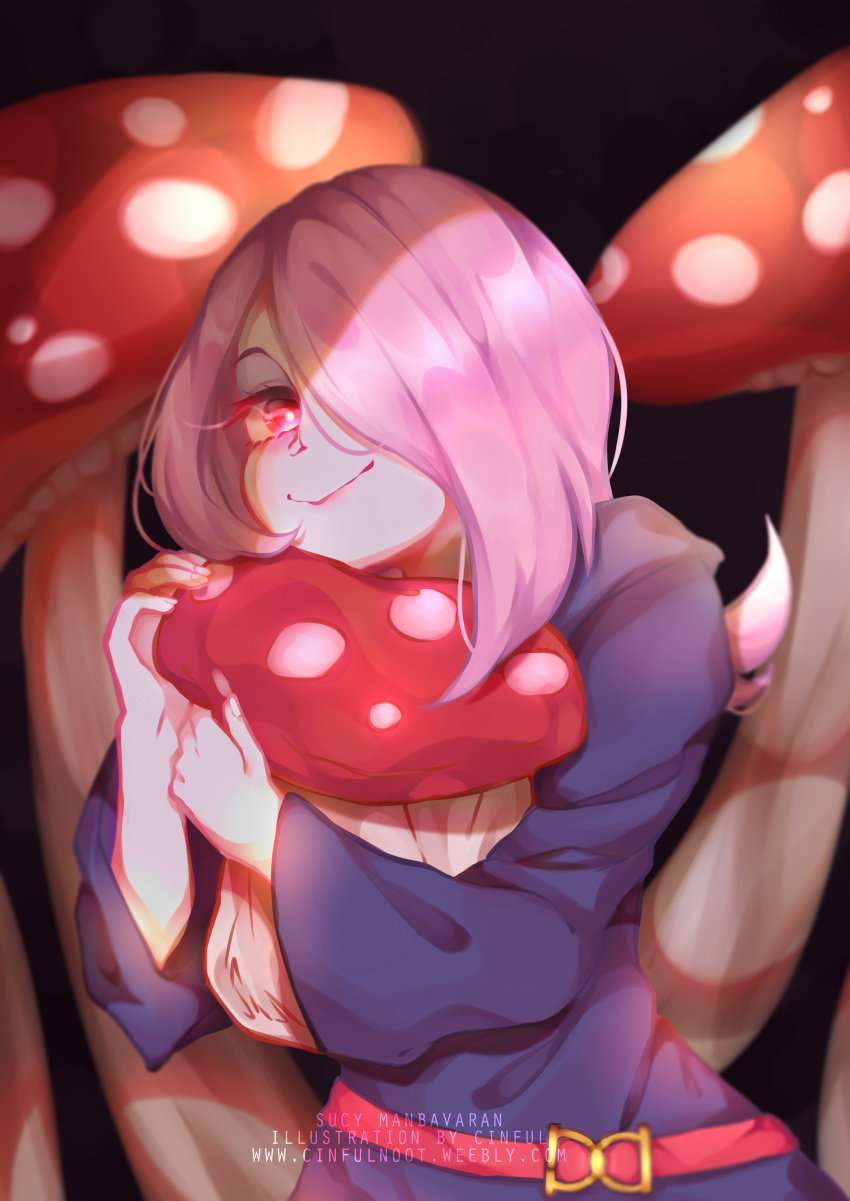 absurdres artist_name black_background character_name cinful commentary fingernails glowing glowing_eyes hair_over_one_eye highres little_witch_academia long_hair looking_at_viewer luna_nova_school_uniform mushroom object_hug pink_hair red_eyes robe smile solo sucy_manbavaran watermark web_address witch