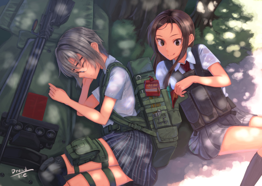 anti-materiel_rifle backpack bag brown_eyes brown_hair closed_eyes dappled_sunlight dreadtie food food_theft gun haribo highres knee_pads kneehighs load_bearing_vest long_hair lying military multiple_girls necktie on_side original plaid plaid_skirt pocky ptrs-41 rifle safety_glasses school_uniform short_hair signature silver_hair skirt sleeping sniper_rifle sunlight thigh_pouch thigh_strap tongue tongue_out tree weapon