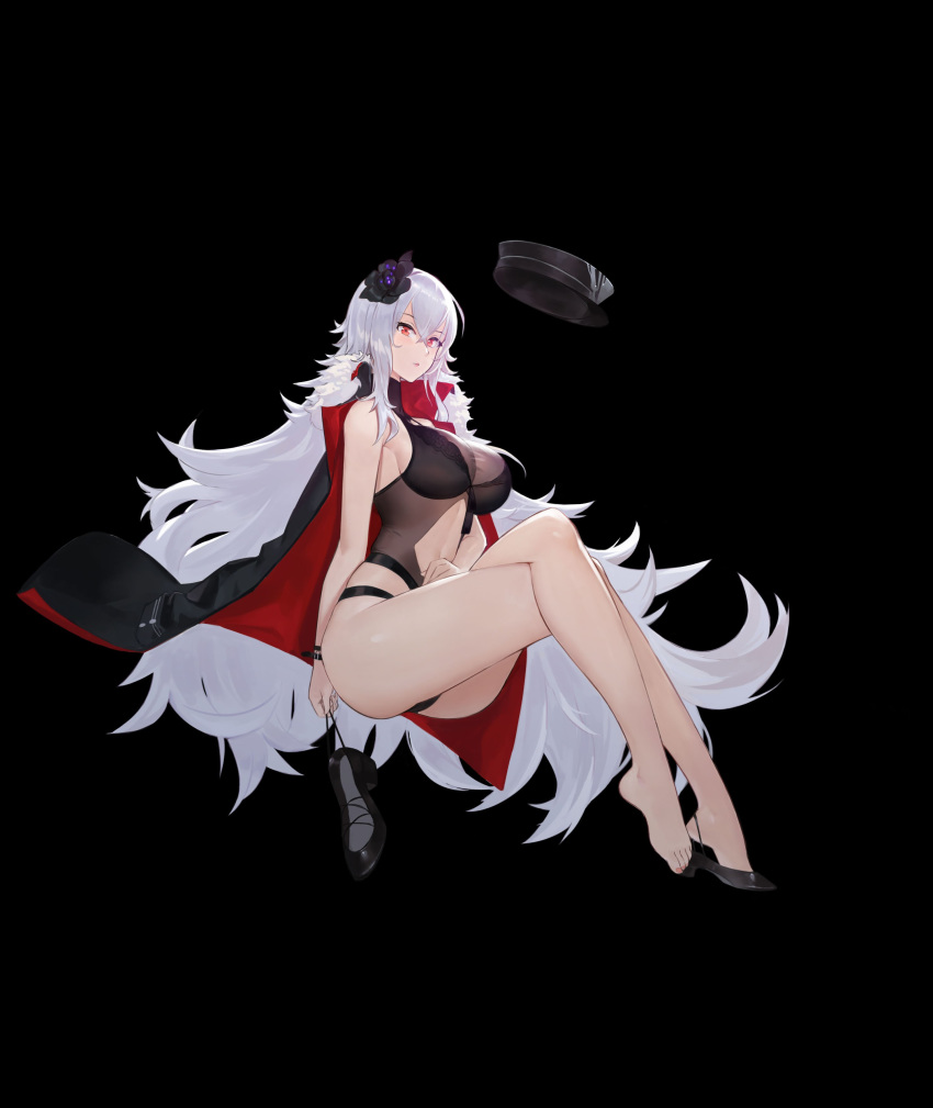 absurdres arm_at_side azur_lane bare_legs barefoot black_background breasts center_opening cleavage commentary_request crossed_legs duan_henglong flower full_body graf_zeppelin_(azur_lane) hair_between_eyes hair_flower hair_ornament halter_top halterneck hand_on_lap hat hat_removed headwear_removed highres impossible_clothes impossible_swimsuit jacket_on_shoulders large_breasts lips long_hair looking_at_viewer one-piece_swimsuit red_eyes see-through shoe_dangle shoe_removed shoes sidelocks silver_hair simple_background single_shoe solo swimsuit very_long_hair