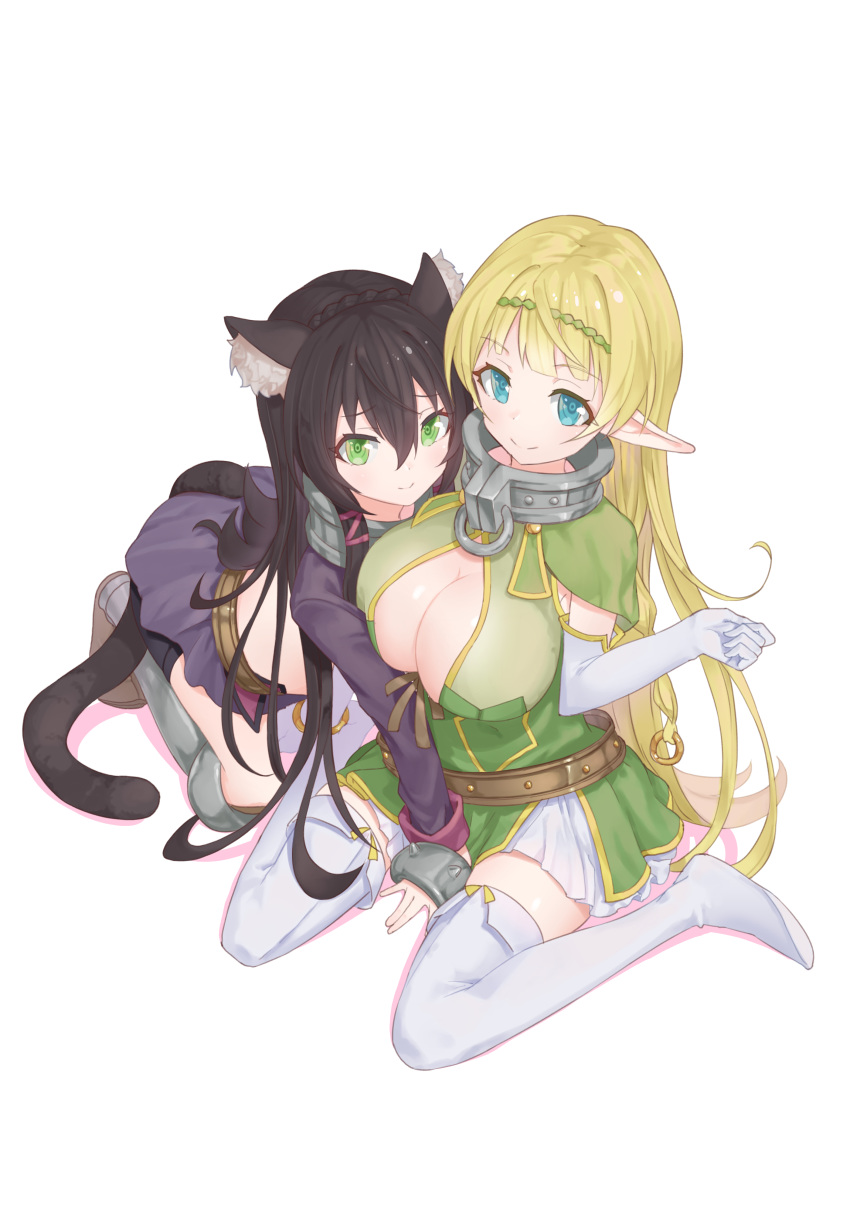 absurdres all_fours animal_ear_fluff animal_ears aqua_eyes bike_shorts black_hair blonde_hair blue_eyes blush breasts cat_ears cleavage collar commentary elbow_gloves elf gloves green_eyes hair_between_eyes hairband highres isekai_maou_to_shoukan_shoujo_dorei_majutsu koromo_take large_breasts long_hair long_sleeves metal_collar midriff multiple_girls pointy_ears rem_galeu shera_l_greenwood sitting smile tail wariza white_gloves