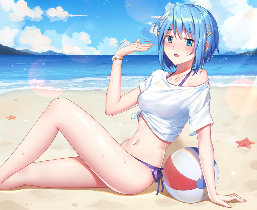 aqua_eyes aqua_hair ball beach bikini blush clouds cropped du_mogu mahou_shoujo_madoka_magica miki_sayaka navel short_hair sky swimsuit water wet wristwear