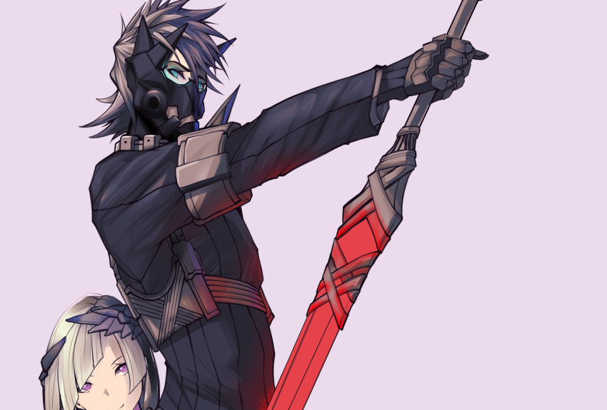 1girl absurdres asil bangs black_hair blue_eyes blunt_bangs brynhildr_(fate) fate/grand_order fate_(series) glasses gloves grey_hair highres holding holding_sword holding_weapon looking_at_viewer mask messy_hair multicolored_hair purple_background purple_eyes reverse_grip sigurd_(fate/grand_order) simple_background smile sword two-tone_hair upper_body weapon white_hair