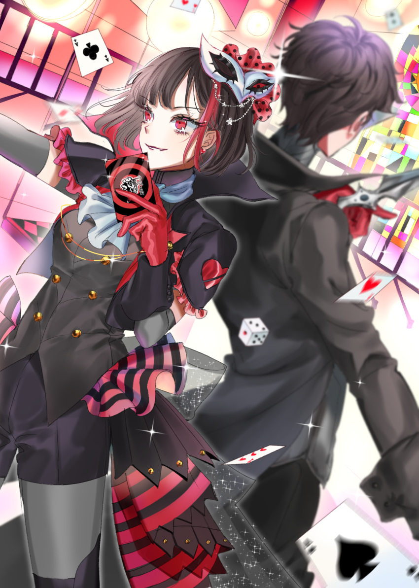 &gt;:) 1girl ace_of_clubs ace_of_spades amamiya_ren ascot back-to-back bang_dream! bangs black_hair blue_neckwear card cropped_jacket crossover dice double-breasted frills gloves highres holding holding_card long_sleeves mask mask_on_head mitake_ran multicolored_hair overskirt pamipamu pantyhose persona persona_5 playing_card polka_dot red_eyes red_gloves red_hair short_sleeves smile sparkle streaked_hair suit_jacket wrist_cuffs
