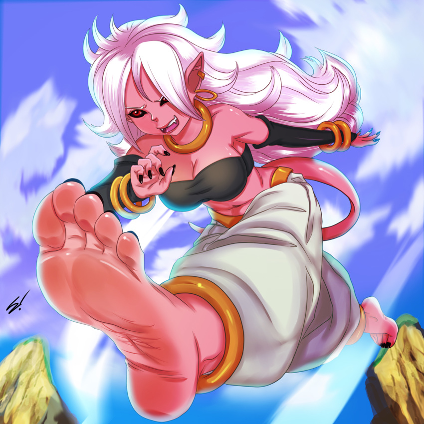 alien android_21 armwear barefoot black_sclera breasts clothing dragon_ball dragon_ball_fighterz ear_piercing feet female foot_focus hair humanoid jewelry long_hair majin majin_android_21 not_furry piercing pink_body pink_skin pointy_ears red_eyes scamwich soles solo toes white_hair