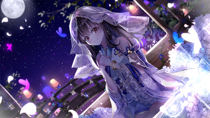 bangs black_hair blush breasts bug butterfly commentary_request detached_sleeves dutch_angle eyebrows_visible_through_hair flower frilled_skirt frills fujiwara_hajime full_moon hands_together idolmaster idolmaster_cinderella_girls insect lantern lium long_hair looking_at_viewer moon night obi outdoors paper_lantern petals red_eyes ribbon-trimmed_sleeves ribbon_trim sash sitting skirt smile solo veil