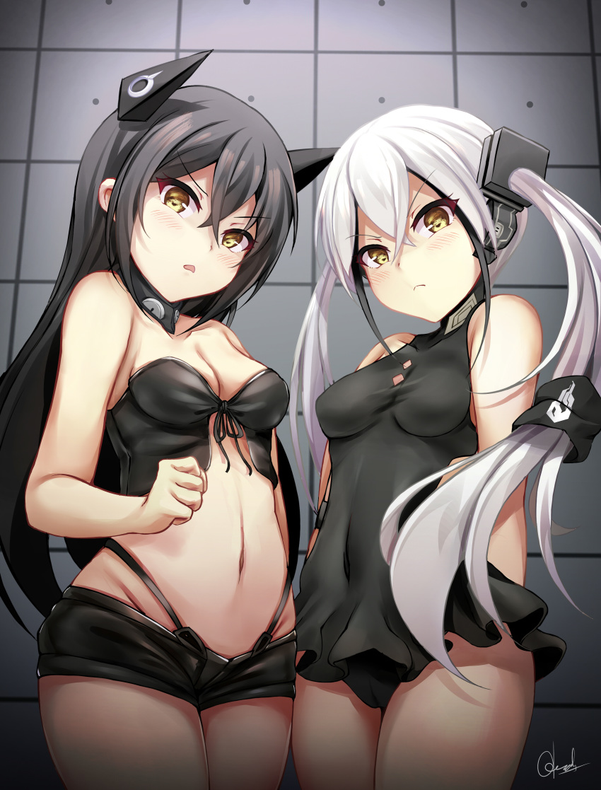 &gt;:( absurdres bangs bare_arms bare_shoulders black_dress black_hair black_shorts blush breasts brown_eyes cameltoe chrisandita cleavage closed_mouth commentary covered_navel cowboy_shot destroyer_(girls_frontline) dress english_commentary eyebrows_visible_through_hair girls_frontline groin hair_between_eyes head_tilt headgear highres judge_(girls_frontline) long_hair looking_at_viewer medium_breasts multiple_girls navel parted_lips sangvis_ferri short_shorts shorts signature silver_hair sleeveless sleeveless_dress twintails v-shaped_eyebrows very_long_hair