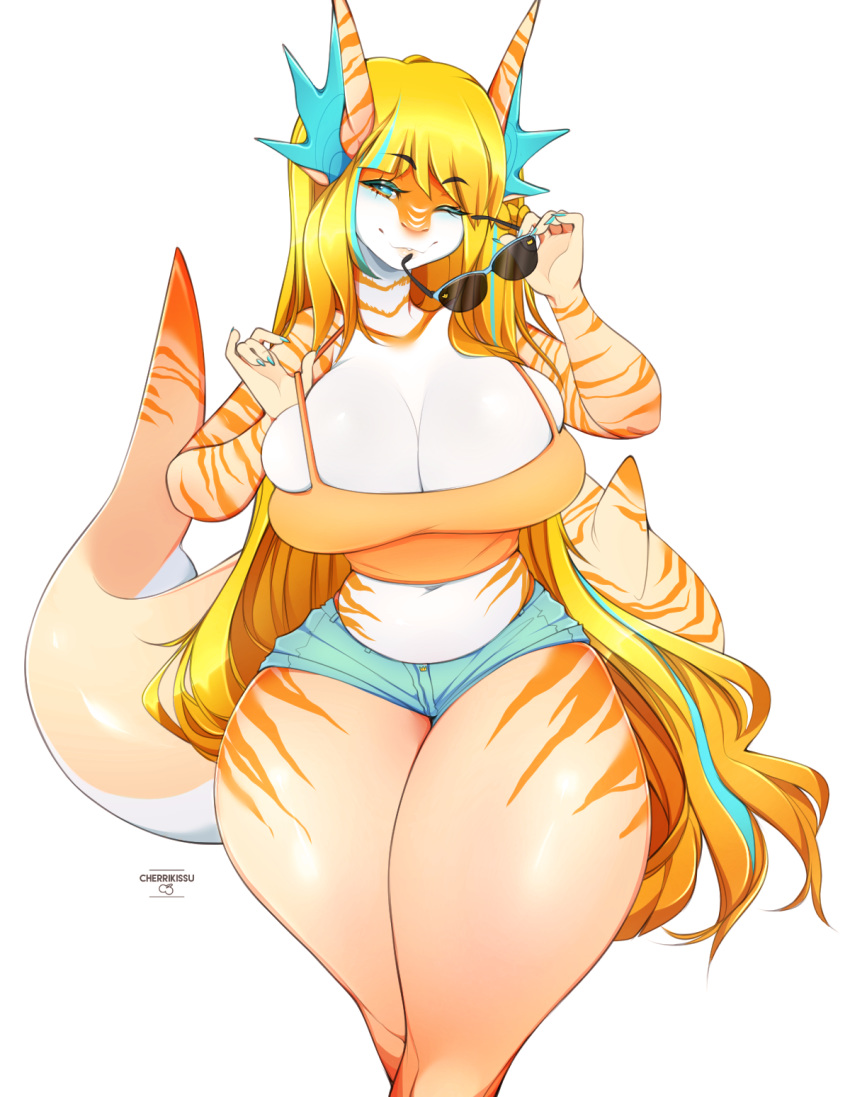2018 anthro big_breasts blonde_hair blue_eyes breasts cherrikissu cleavage clothed clothing colored_nails digital_media_(artwork) eyewear female fish hair hi_res long_hair looking_at_viewer marine midriff non-mammal_breasts one_eye_closed shark signature simple_background solo stripes sunglasses thick_thighs white_background wink