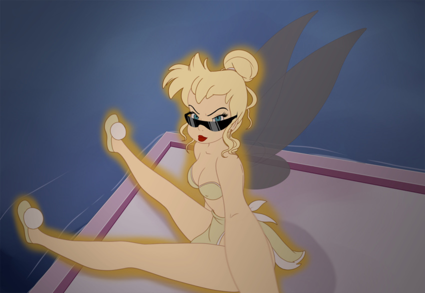 bikini blonde_hair blue_eyes boat breasts cleavage clothed clothing disney eyewear fairy female hair humanoid inusen nipple_bulge not_furry peter_pan selfie simple_background sitting solo sunglasses swimsuit tinkerbell vehicle water wings