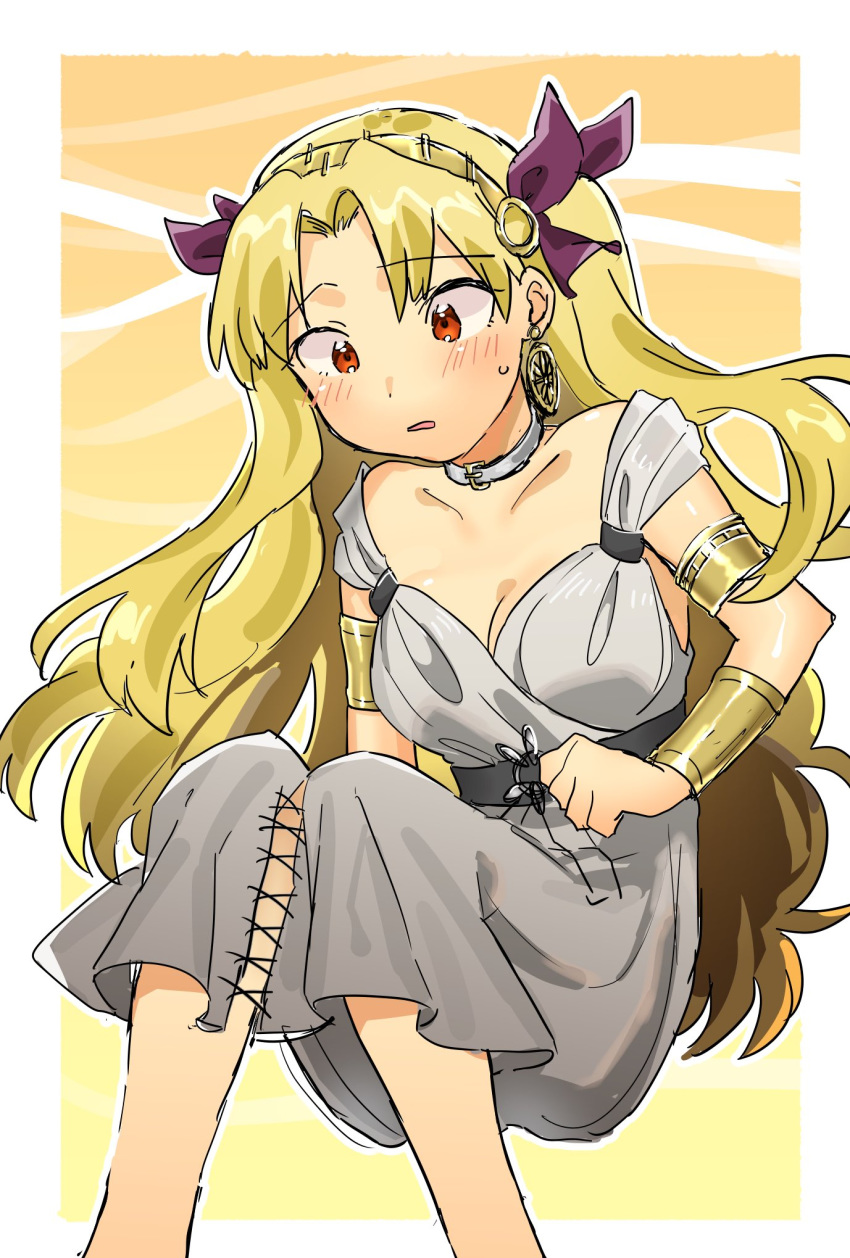 armband blonde_hair blush cleopatra_(fate/grand_order) cleopatra_(fate/grand_order)_(cosplay) collar commentary_request cosplay dress earrings ereshkigal_(fate/grand_order) fate/grand_order fate_(series) feet_out_of_frame hair_ribbon highres jewelry long_hair open_mouth purple_ribbon red_eyes ribbon sketch solo sweat very_long_hair white_dress ya_(aoaoblue_0710)