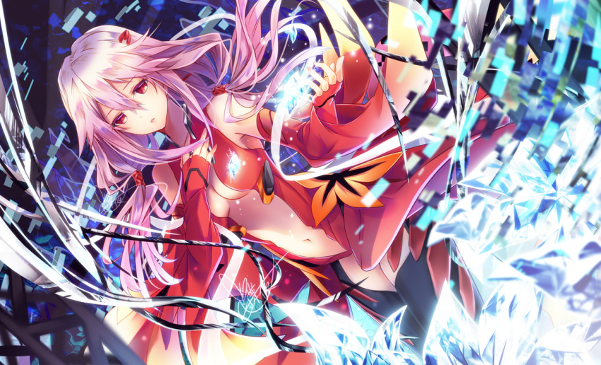 bare_shoulders black_legwear breasts center_opening cleavage commentary_request detached_sleeves elbow_gloves fingerless_gloves gloves guilty_crown hair_ornament hairclip long_hair looking_at_viewer navel official_art pink_hair red_eyes solo thighhighs twintails tyouya yuzuriha_inori