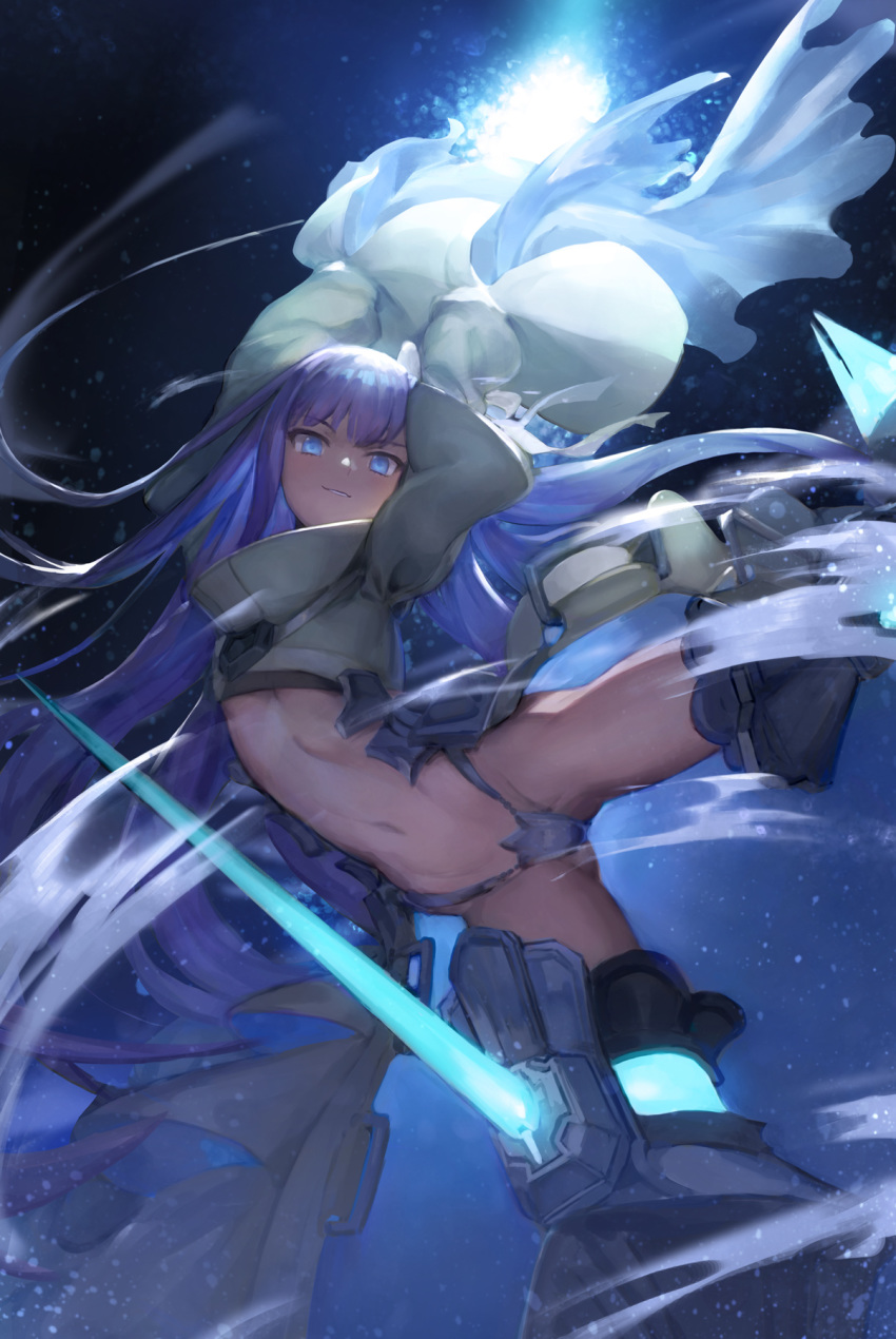 arms_up black_background blue blue_eyes bow breasts ecien fate/extra fate/extra_ccc fate/grand_order fate_(series) grin hair_bow highres long_hair looking_at_viewer meltlilith navel purple_hair slender_waist small_breasts smile solo thighhighs thighs underboob very_long_hair white_bow