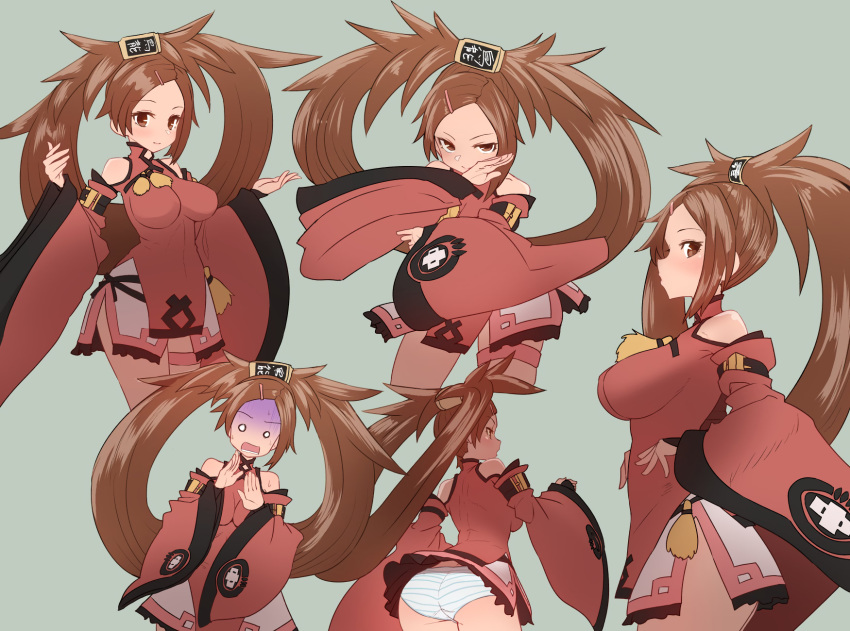 ass breasts brown_eyes brown_hair guilty_gear japanese_clothes kuradoberi_jam long_hair panties striped_panties sumiyao_(amam) twintails underwear upskirt