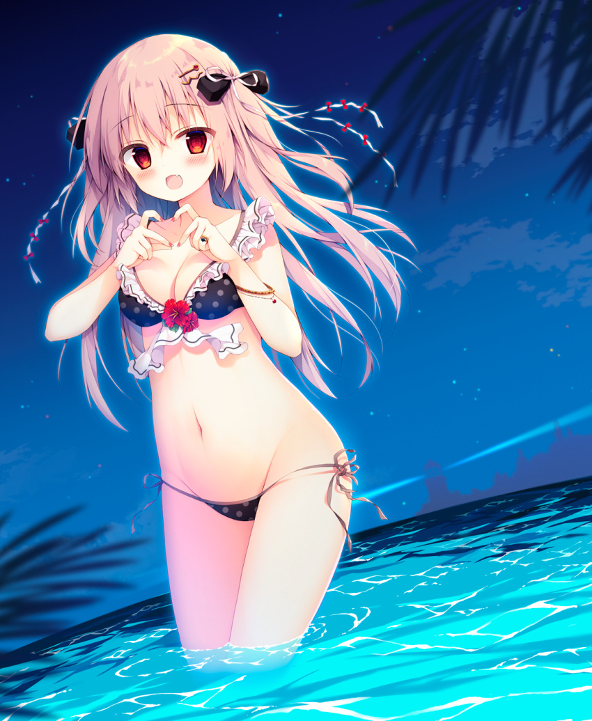 :d bangs bare_arms bare_shoulders bikini black_bikini black_bow blurry blurry_foreground blush bow breasts cleavage collarbone commentary_request depth_of_field eyebrows_visible_through_hair fang fingernails groin hair_between_eyes hair_bow hair_ribbon hands_up heart heart_hands highres horizon izumiyuhina jewelry lighthouse long_hair looking_at_viewer medium_breasts nail_polish navel night night_sky ocean open_mouth original outdoors pink_hair polka_dot polka_dot_bikini red_eyes red_nails ribbon ring side-tie_bikini sky smile solo star_(sky) starry_sky swimsuit very_long_hair wading water white_ribbon