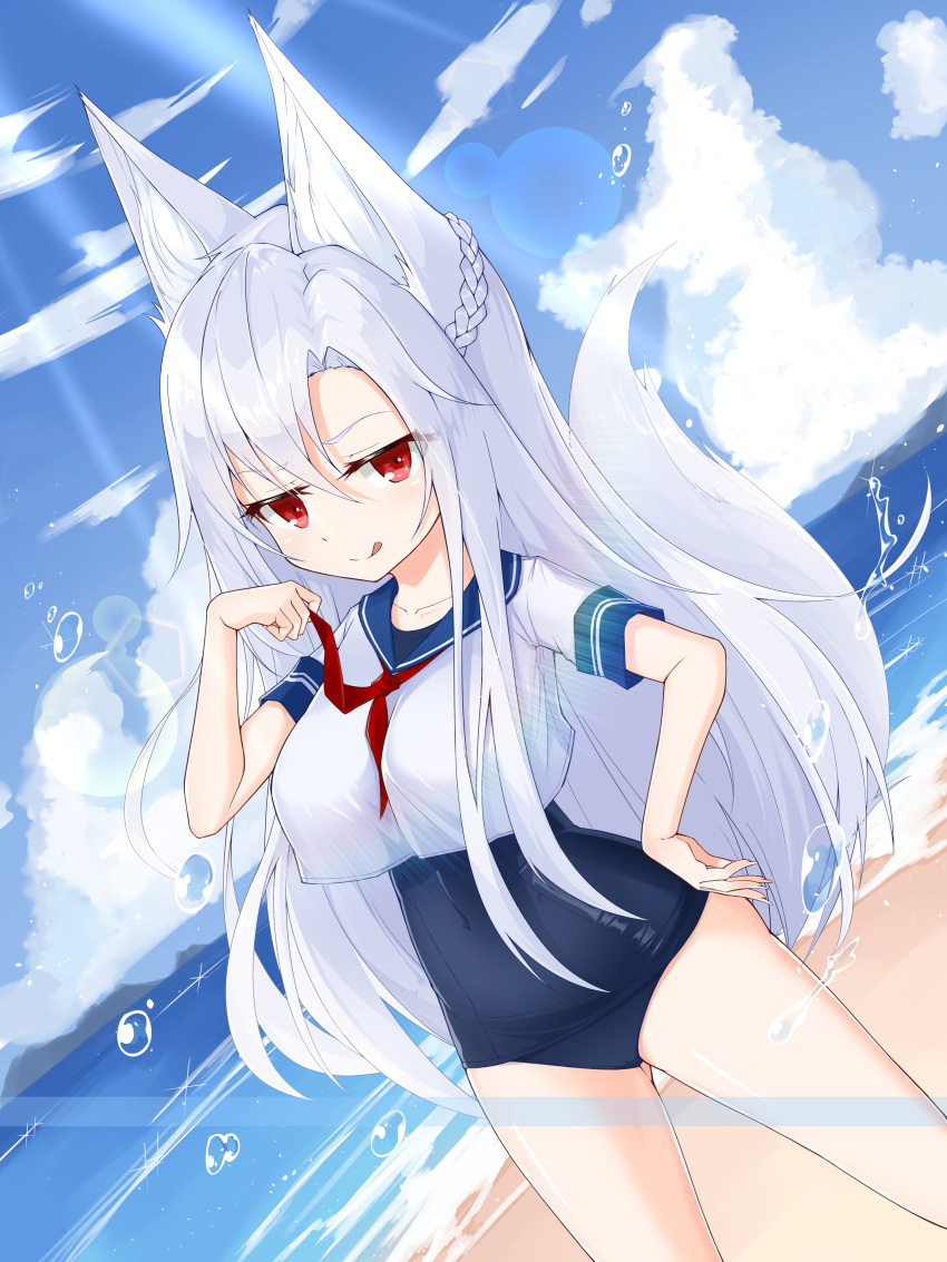 :p absurdres animal_ears arm_up bad_id bad_pixiv_id beach braid breasts cloud commentary commission covered_navel crop_top day fox_ears fox_tail french_braid hand_on_hip highres long_hair ocean one-piece_swimsuit original outdoors red_eyes school_swimsuit school_uniform serafuku shirt silver_hair sky smile solo swimsuit swimsuit_under_clothes tail tongue tongue_out white_shirt yeosi