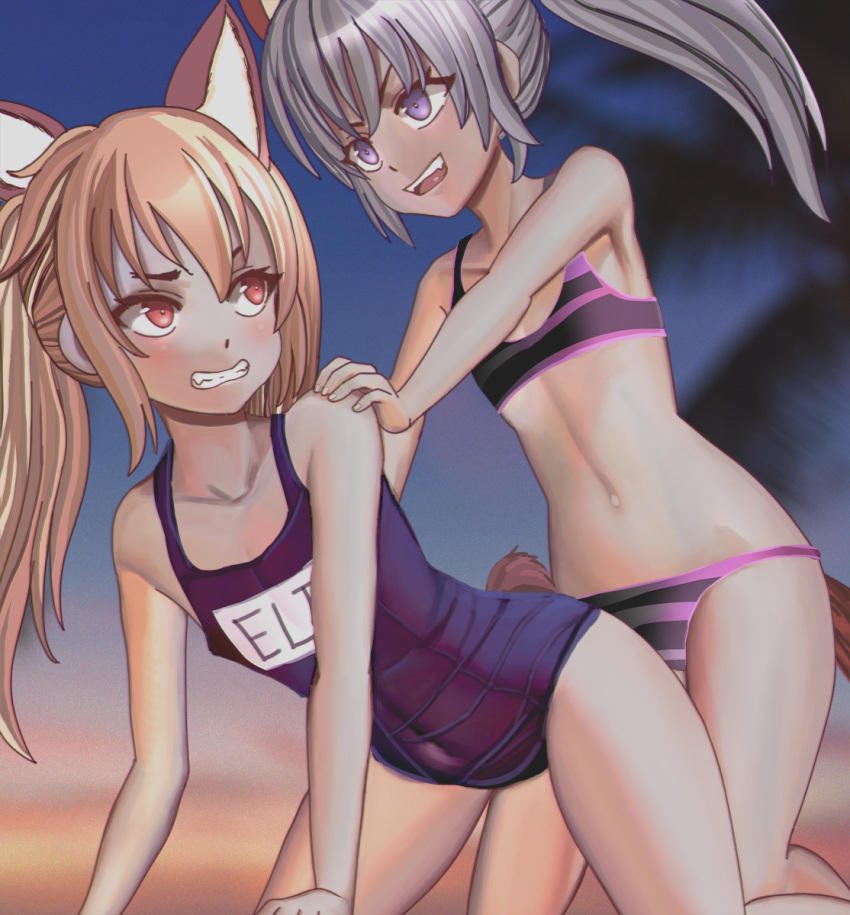 2girls all_fours animal_ears armad bare_shoulders bikini blonde_hair blue_sky blue_swimsuit blush character_name clenched_teeth clothes_writing collarbone covered_navel elin_(tera) english_text erect_nipples eye_contact female flat_chest fox_ears fox_tail hand_on_another's_shoulder highres kneeling looking_at_another looking_back multiple_girls navel one-piece_swimsuit open_mouth outdoors palm_tree pink_bikini ponytail purple_eyes red_eyes shiny shiny_hair silver_hair sky smile striped striped_bikini swimsuit tail teeth tera_online tied_hair tree
