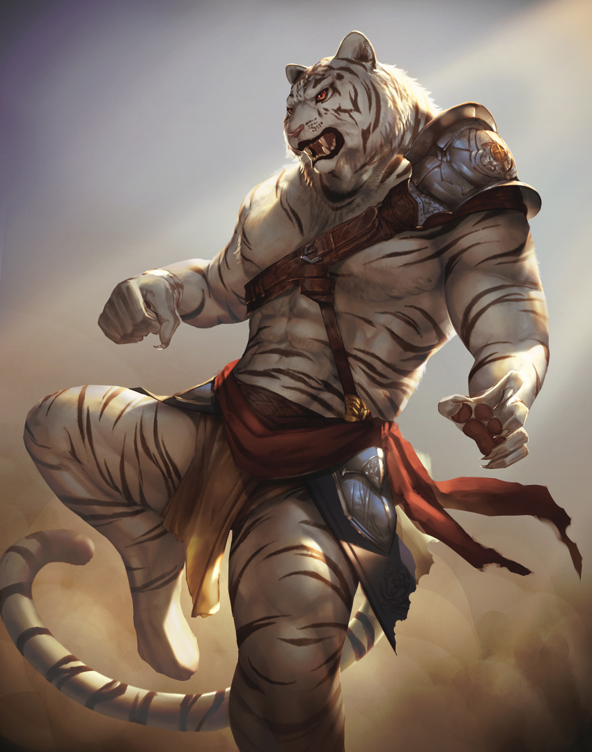 5_fingers abs anthro armor claws clothing fangs feline hi_res kazashino loincloth male mammal muscular muscular_male on_one_leg open_mouth pauldron pawpads red_eyes simple_background solo standing striped_tail stripes tiger white_tiger