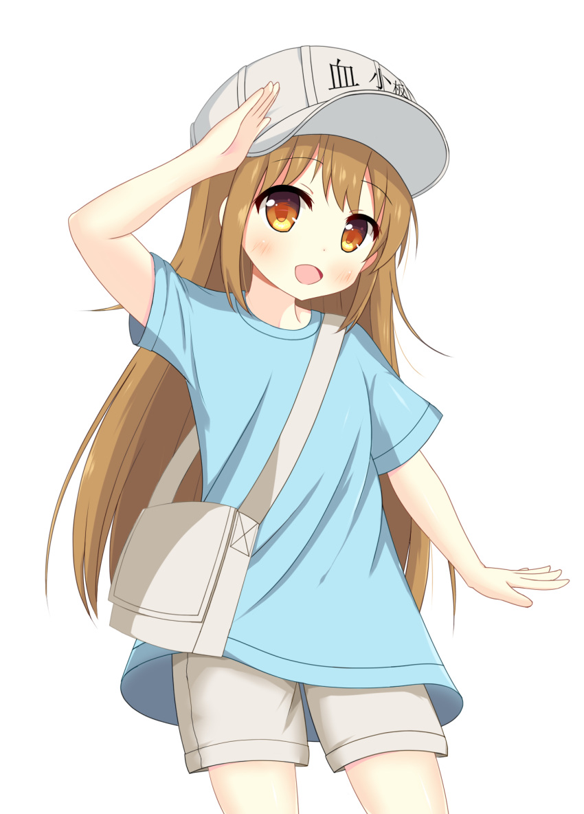 :d arm_up bag bangs blue_shirt blush brown_eyes brown_hair character_name chinese_commentary clothes_writing commentary_request cowboy_shot eyebrows_visible_through_hair flat_cap grey_hat grey_shorts hat hataraku_saibou highres long_hair looking_at_viewer open_mouth platelet_(hataraku_saibou) salute shirt short_shorts short_sleeves shorts shoulder_bag simple_background smile solo very_long_hair white_background xiaosamiao
