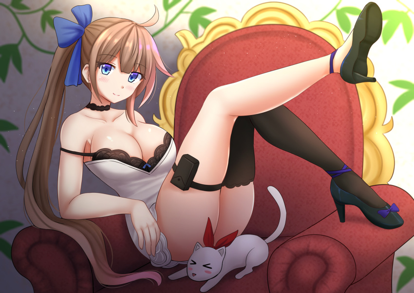 &gt;_&lt; ahoge animal armchair asymmetrical_legwear bangs bare_shoulders black_footwear black_legwear blue_bow blue_eyes blush bow breasts brown_hair chair choker cleavage closed_mouth collarbone commentary dress english_commentary eyebrows_visible_through_hair fal_(girls_frontline) ferret girls_frontline hair_between_eyes hair_bow head_tilt high_heels highres kazenokaze large_breasts leg_up long_hair looking_at_viewer pet shoes side_ponytail sidelocks single_thighhigh sitting sitting_sideways sleeveless sleeveless_dress smile solo strap_slip thigh_strap thighhighs very_long_hair white_dress