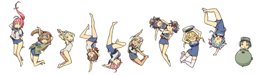 :d ahoge asymmetrical_hair barefoot black_hair black_sailor_collar black_swimsuit blonde_hair blue_hair blue_sailor_collar blue_swimsuit breasts brown_eyes brown_hair commentary diving_mask diving_mask_on_head flower glasses green_eyes hair_flower hair_ornament hairband hat hat_removed headwear_removed highres holding holding_hat i-13_(kantai_collection) i-14_(kantai_collection) i-168_(kantai_collection) i-19_(kantai_collection) i-26_(kantai_collection) i-401_(kantai_collection) i-504_(kantai_collection) i-58_(kantai_collection) i-8_(kantai_collection) kantai_collection large_breasts light_brown_eyes light_brown_hair long_hair luigi_torelli_(kantai_collection) maru-yu_(kantai_collection) multiple_girls name_tag new_school_swimsuit nonco open_mouth pink_eyes pink_flower pink_hair ponytail red-framed_eyewear red_eyes ro-500_(kantai_collection) sailor_collar sailor_shirt school_swimsuit shirt short_hair short_sleeves simple_background sleeveless sleeveless_shirt smile swimsuit thighhighs tri_tails two-tone_hairband two_side_up white_background white_hat white_legwear white_shirt white_swimsuit