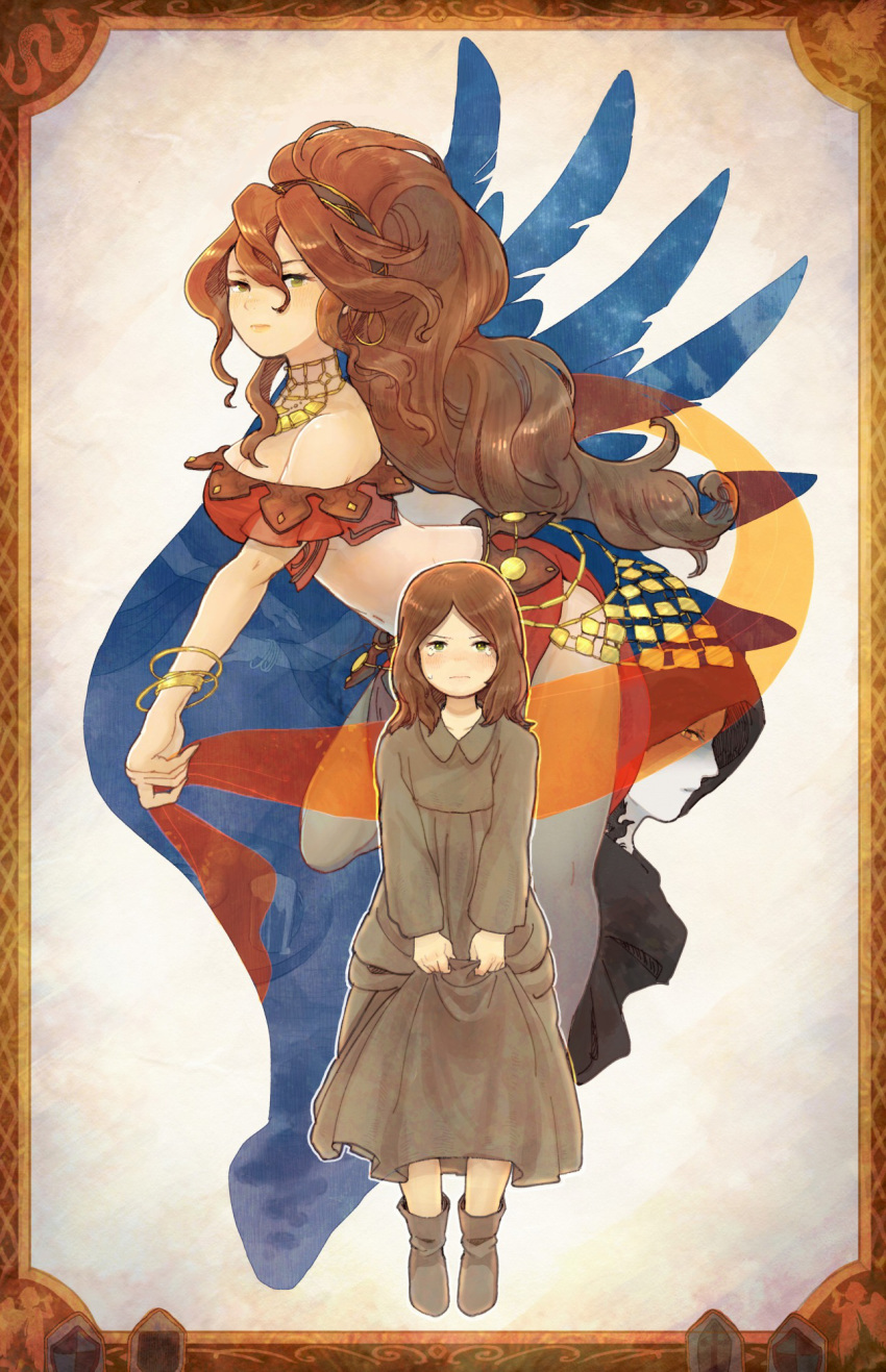 age_comparison bare_shoulders blush bracelet breasts brown_hair crying crying_with_eyes_open dancer dress feathers frame green_eyes hair_between_eyes hairband highres jewelry long_hair looking_at_viewer medium_breasts midriff mozuku_(mozuuru0323) multiple_views navel necklace octopath_traveler pelvic_curtain picture_frame ponytail primrose_azelhart side_slit skirt_hold strapless tears tubetop