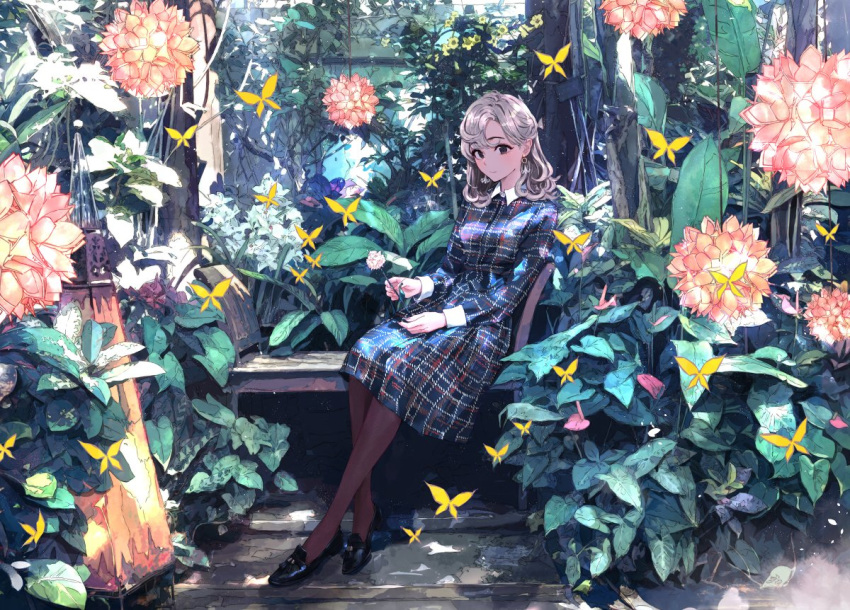 bangs bench black_eyes black_footwear black_legwear blush breasts bug butterfly closed_mouth collar commentary_request dress earrings eyebrows_visible_through_hair flower flower_earrings garden green_dress holding holding_flower hydrangea insect jewelry leaf lens_flare light light_smile loafers long_sleeves looking_at_viewer medium_breasts medium_hair original outdoors parted_bangs pink_flower plaid plaid_dress ponkan_8 shadow shoes silver_hair sitting sitting_on_bench solo tareme yellow_butterfly yellow_flower
