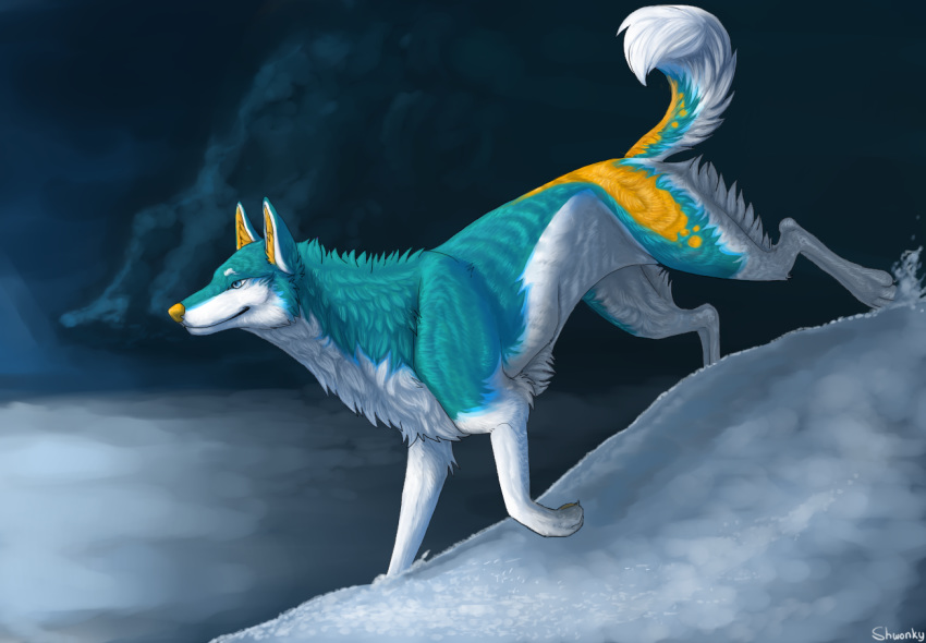 2013 blue_eyes blue_fur canine digital_media_(artwork) feral fur mammal outside shwonky smile snow solo standing white_fur wolf yellow_nose