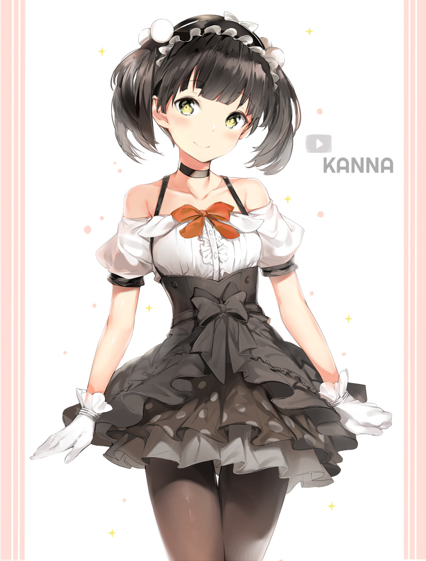 absurdres bare_shoulders black_choker black_hair black_hairband black_legwear black_skirt blush character_name choker closed_mouth collarbone commentary_request cowboy_shot frilled_hairband frills gloves hair_bobbles hair_ornament hairband high-waist_skirt highres kanna_(kanna_channel) kanna_channel off-shoulder_shirt pantyhose play_button puffy_short_sleeves puffy_sleeves shirt short_hair short_sleeves silver_(chenwen) skirt smile solo sparkle standing thigh_gap twintails virtual_youtuber white_gloves white_shirt yellow_eyes
