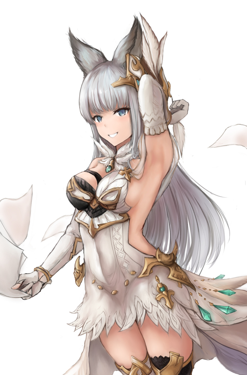 1girl animal_ears arm_behind_head arm_up armpits asymmetrical_clothes bangs bare_shoulders black_dress black_legwear black_thighhighs blue_eyes blunt_bangs blush breasts covered_navel cowboy_shot dress elbow_gloves feather_collar feather_trim feathers gloves gold_trim granblue_fantasy hair_ornament holding holding_paper holding_quill jewelry k_jie korwa long_hair looking_at_viewer medium_breasts mismatched_legwear multicolored multicolored_clothes multicolored_dress paper parted_lips pendant quill showgirl_skirt silver_hair simple_background sleeveless sleeveless_dress smile solo standing thigh_strap thighhighs white_background white_dress white_feathers white_gloves white_legwear white_thighhighs