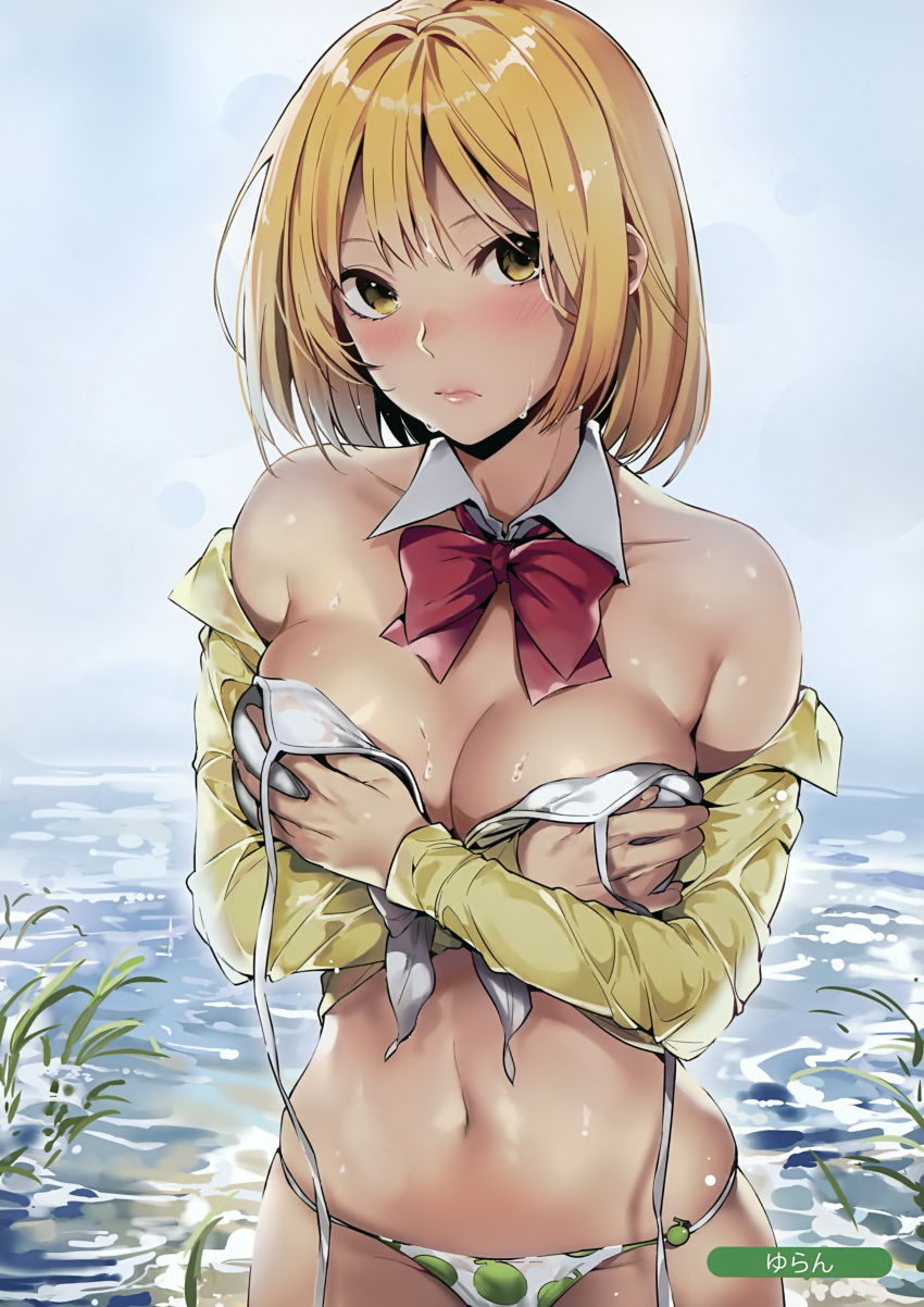 absurdres artist_name bangs bare_shoulders bikini blonde_hair blush bow bowtie breasts brown_eyes cleavage closed_mouth covering covering_breasts food food_print fruit highres large_breasts lips long_sleeves looking_at_viewer looking_to_the_side melonbooks navel off_shoulder scan shiny shiny_hair shiny_skin shirt short_hair sidelocks simple_background skindentation solo swimsuit untied untied_bikini wardrobe_malfunction water water_drop watermelon yuran