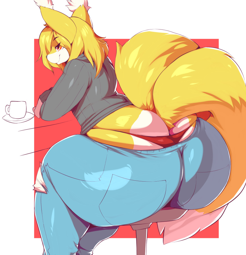 2_tails blonde_hair blush butt canine clothed clothing coffee_mug ear_tuft female fox hair jeans looking_at_viewer looking_back mammal multi_tail panties pants partially_clothed simple_background sitting solo torn_clothing trinity-fate62 tuft underwear wardrobe_malfunction