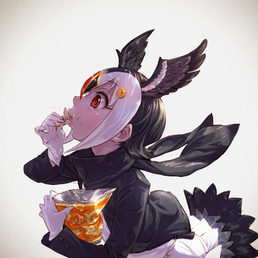 atlantic_puffin_(kemono_friends) bangs bird_tail bird_wings black_hair black_jacket black_scarf blonde_hair bright_pupils chips eating eyebrows_visible_through_hair feathered_wings food from_side gloves head_wings highres jacket japari_chips kemono_friends long_sleeves multicolored_hair nose open_clothes open_jacket potato_chips profile realistic red_eyes red_hair scarf short_hair solo takami_masahiro upper_body white_gloves white_hair white_pupils wings