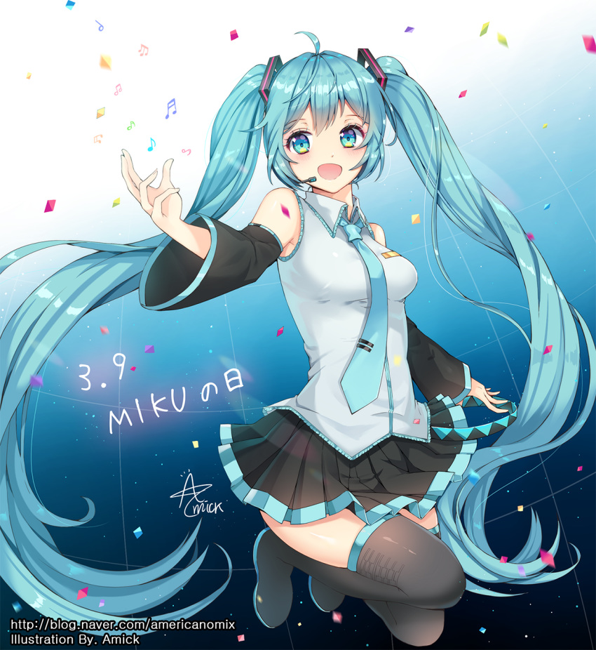 :d ahoge amick_(americanomix) black_footwear black_skirt blue_eyes blue_hair blue_neckwear boots character_name detached_sleeves floating_hair full_body hatsune_miku headphones headset highres long_hair looking_to_the_side microphone miniskirt necktie open_mouth pleated_skirt shiny shiny_hair shirt skirt sleeveless sleeveless_shirt smile solo thigh_boots thighhighs twintails very_long_hair vocaloid watermark white_shirt zettai_ryouiki