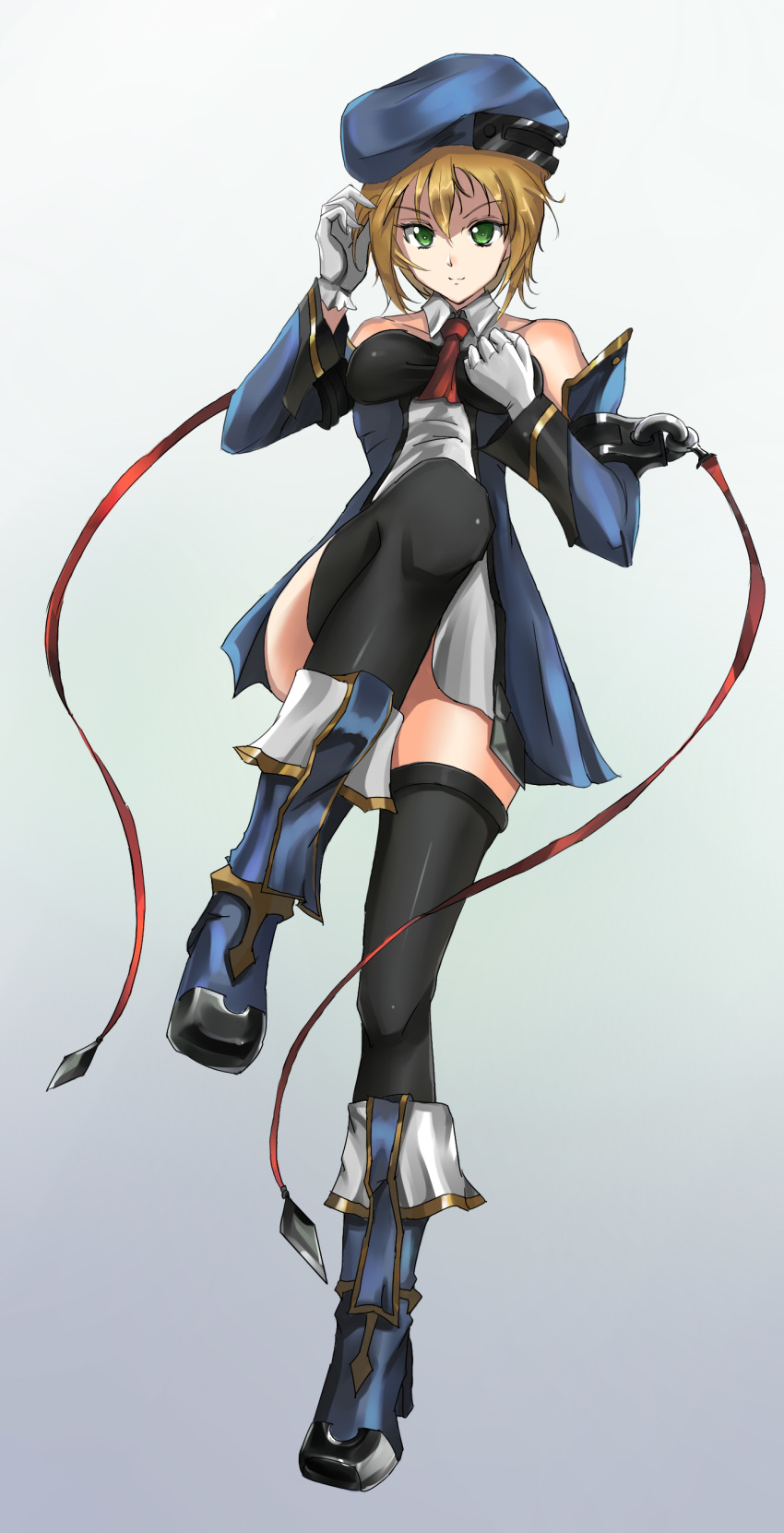 absurdres beret black_legwear blazblue blonde_hair bolverk boots breasts demonk detached_sleeves dress full_body gloves green_eyes hand_in_hair hat highres looking_at_viewer necktie noel_vermillion small_breasts smile solo standing standing_on_one_leg thighhighs weapon white_gloves