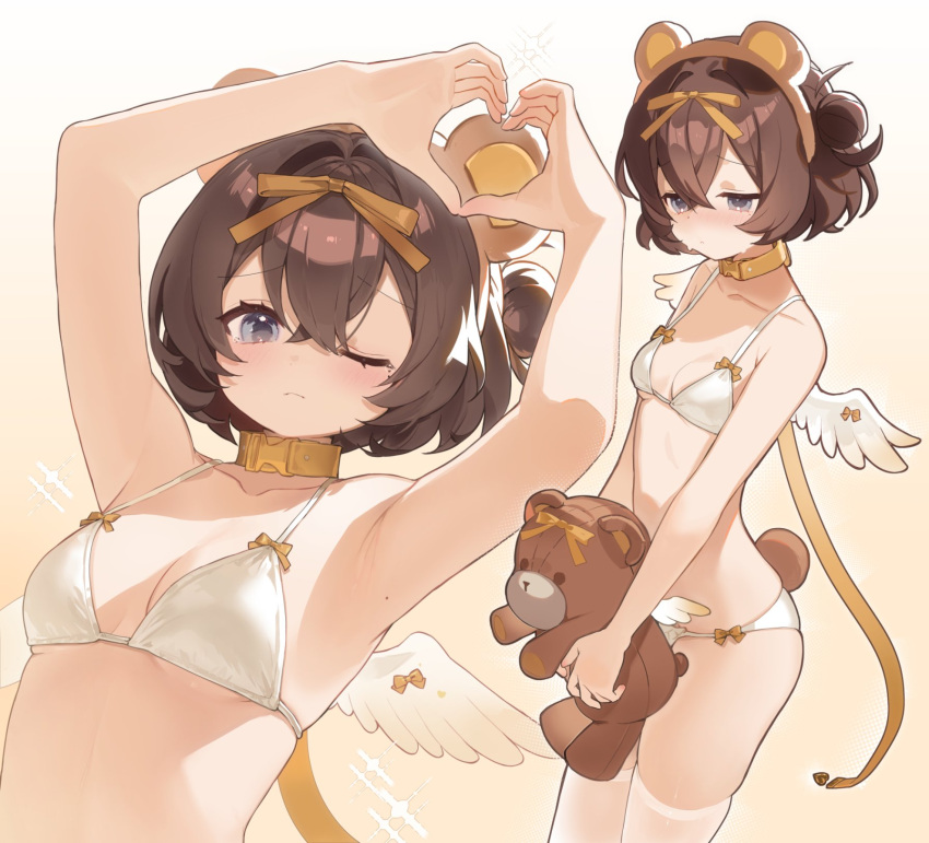 1girl angel_wings animal_ears armpits arms_up bare_arms bare_shoulders bear_ears belt belt_collar blush bra breasts brown_hair brown_hairband buckle collar cowboy_shot crossed_bangs fake_animal_ears from_side furrowed_brow gradient_background grey_eyes hair_between_eyes hair_bun hair_ribbon hairband heart heart_hands highres holding holding_stuffed_toy leash looking_at_viewer medium_breasts miebao mole mole_under_eye multiple_views one_eye_closed original panties ribbon short_hair single_side_bun snap-fit_buckle standing stuffed_animal stuffed_toy teddy_bear thighhighs underwear underwear_only upper_body white_bra white_panties white_thighhighs wings yellow_belt yellow_ribbon