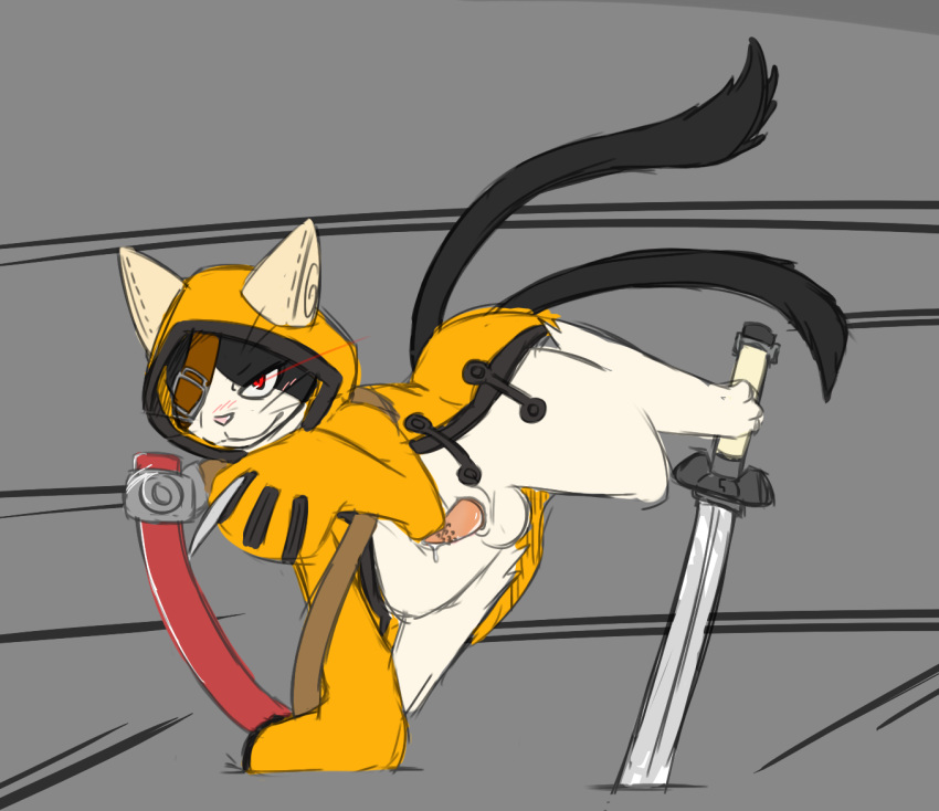 2_tails balls bargglesnatch-x1 blazblue blush clothed clothing erection eye_patch eyewear feline jubei kaka male mammal multi_tail nekomata penis red_eyes simple_background smile solo video_games whiskers