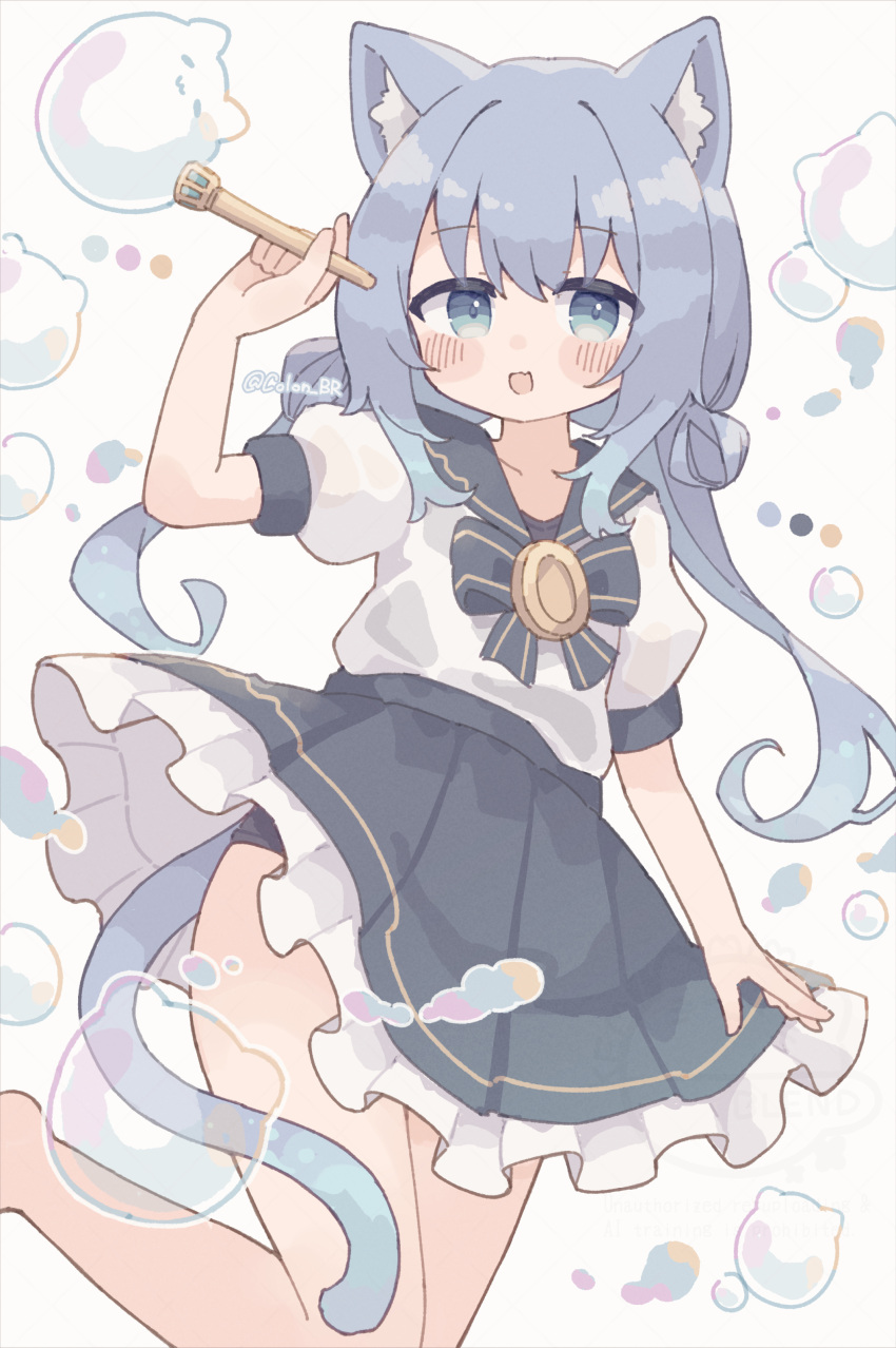 1girl :d absurdres animal_ear_fluff animal_ears black_panties blue_bow blue_bowtie blue_eyes blue_hair blue_sailor_collar blue_skirt blush bow bowtie bubble cat_ears cat_girl cat_tail colon_br commentary_request cowboy_shot frilled_skirt frills highres leg_up long_hair looking_at_viewer low_twintails open_mouth original panties pantyshot pleated_skirt sailor_collar school_uniform serafuku shirt short_sleeves simple_background skirt smile solo standing standing_on_one_leg tail twintails twitter_username underwear white_background white_shirt
