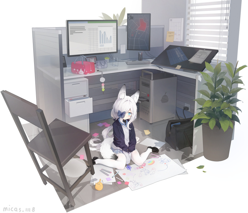 1girl absurdly_detailed_composition animal_ears azur_lane black_shoes blazer blue_bow blue_eyes blue_jacket blue_shirt blue_skirt blush border bow child's_drawing chinese_commentary closed_mouth collared_shirt commentary_request fox_ears fox_girl fox_tail hair_bow hair_over_one_eye highres indoors jacket kasumi_(at_school_with_foo)_(azur_lane) kasumi_(azur_lane) kasumi_1118 layered_sleeves loaded_interior long_hair manjuu_(azur_lane) miniskirt official_alternate_costume pantyhose plaid_bow plaid_clothes plaid_skirt school_uniform shirt shoes skirt sleeves_past_wrists solo sweater tail transparent_border white_pantyhose white_sweater