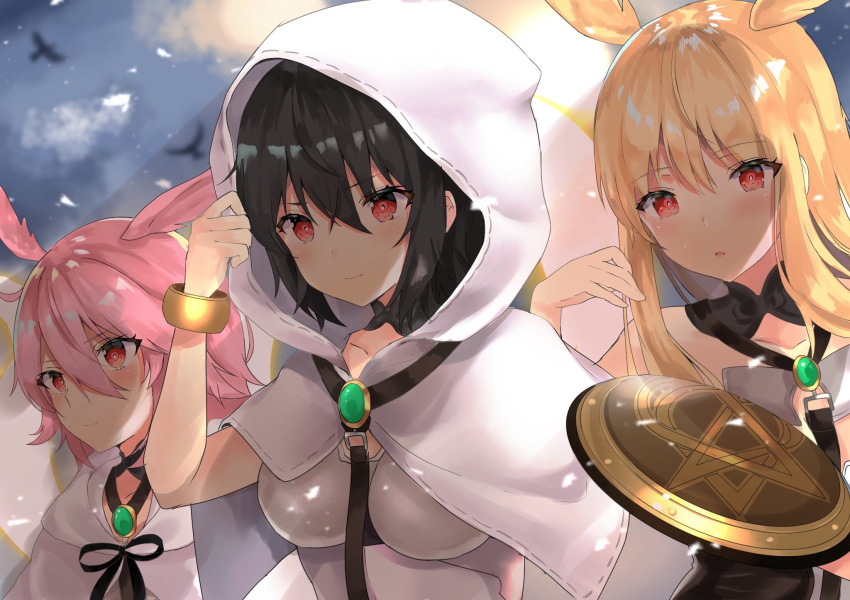 black_hair blonde_hair bracelet fate/grand_order fate_(series) fou_(ssqseeker) highres hildr_(fate/grand_order) hood jewelry long_hair looking_away multiple_girls ortlinde_(fate/grand_order) pink_hair red_eyes shield short_hair thrud_(fate/grand_order) upper_body valkyrie_(fate/grand_order)