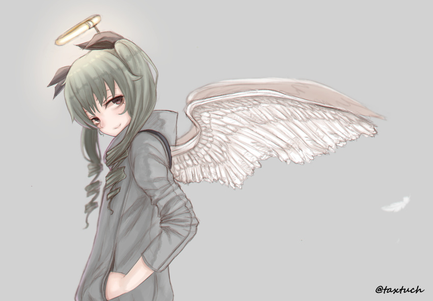 anchovy angel_wings bangs black_ribbon casual closed_mouth commentary drill_hair feathered_wings feathers from_side girls_und_panzer glowing green_hair grey_background grey_coat hair_ribbon halo hands_in_pockets head_tilt highres long_hair long_sleeves looking_at_viewer red_eyes ribbon simple_background smile solo standing tacch twin_drills twintails twitter_username upper_body white_wings wings