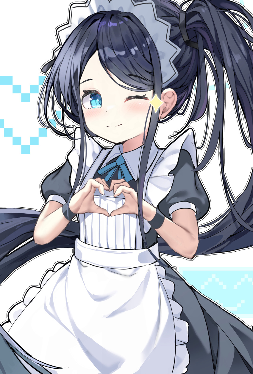 1girl ;) absurdly_long_hair absurdres apron aqua_background aqua_eyes aris_(blue_archive) aris_(maid)_(blue_archive) black_dress black_wrist_cuffs blue_archive blue_ribbon blush closed_mouth collared_dress commentary contrast_collar dress floating_hair frilled_apron frills hair_behind_ear hair_tie heart heart_hands high_ponytail highres long_hair long_sidelocks looking_at_viewer maid maid_apron maid_headdress mltsora neck_ribbon official_alternate_costume official_alternate_hairstyle one_eye_closed outline parted_bangs pixel_heart ponytail puffy_short_sleeves puffy_sleeves ribbon short_sleeves sidelocks simple_background smile solo sparkle split_mouth two-tone_background very_long_hair white_apron white_background white_headdress white_outline wrist_cuffs