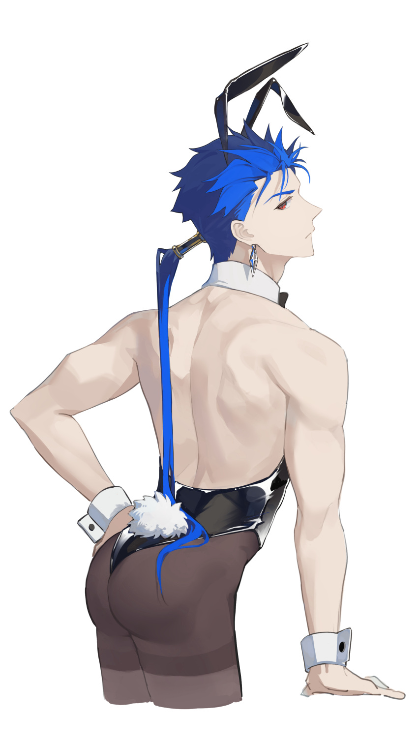 1boy absurdres animal_ears ass back bara black_leotard blue_hair brown_pantyhose cropped_legs crossdressing crossdressing_(mtf) cu_chulainn_(fate) cu_chulainn_(fate/stay_night) fake_animal_ears fake_tail fate/grand_order fate_(series) from_behind hair_tubes hand_on_own_hip highres leotard long_hair looking_back male_focus male_playboy_bunny muling_0v0 muscular muscular_male pantyhose ponytail profile rabbit_ears rabbit_tail red_eyes simple_background single_hair_tube solo strapless strapless_leotard tail white_background wrist_cuffs