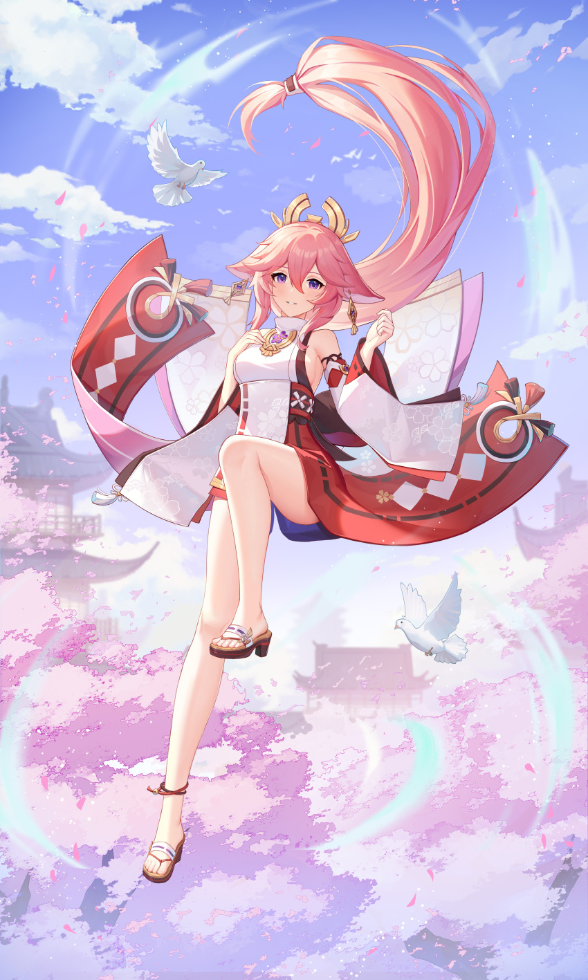 1girl absurdres animal_earrings animal_ears bird bird_ears bird_wings blue_sky blush breasts cherry_blossoms closed_mouth cloud detached_sleeves fox_ears genshin_impact hair_between_eyes hair_ornament highres japanese_clothes long_hair long_sleeves low-tied_long_hair medium_breasts nontraditional_miko parted_lips pink_hair purple_eyes sandals sky smile solo thighs toes very_long_hair vision_(genshin_impact) wa_(user_snch2757) wide_sleeves wings yae_miko