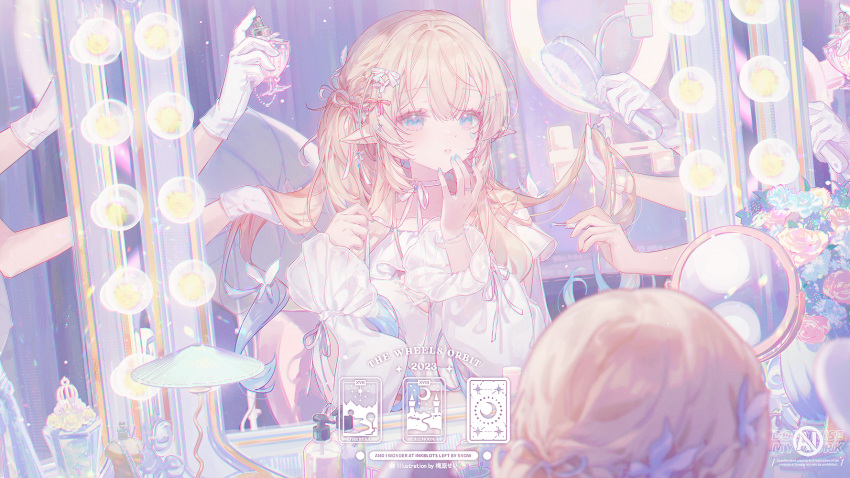 1girl 3others \||/ applying_makeup blonde_hair blue_eyes blue_nails blurry blush bow bracelet chinese_commentary collarbone commentary commission depth_of_field dress earrings elf eyelashes gloves hair_between_eyes hair_bow hair_brush hair_ornament hairclip hairdressing hand_up highres holding holding_hair_brush indie_virtual_youtuber indoors jewelry keri.lu lips long_hair long_sleeves looking_at_mirror mirror mixed-language_commentary multiple_others nail_polish neck_ribbon parted_lips pointy_ears puffy_long_sleeves puffy_sleeves red_bow reflection ribbon ring sitting solo_focus umehara_sei upper_body virtual_youtuber white_bow white_dress white_gloves white_ribbon