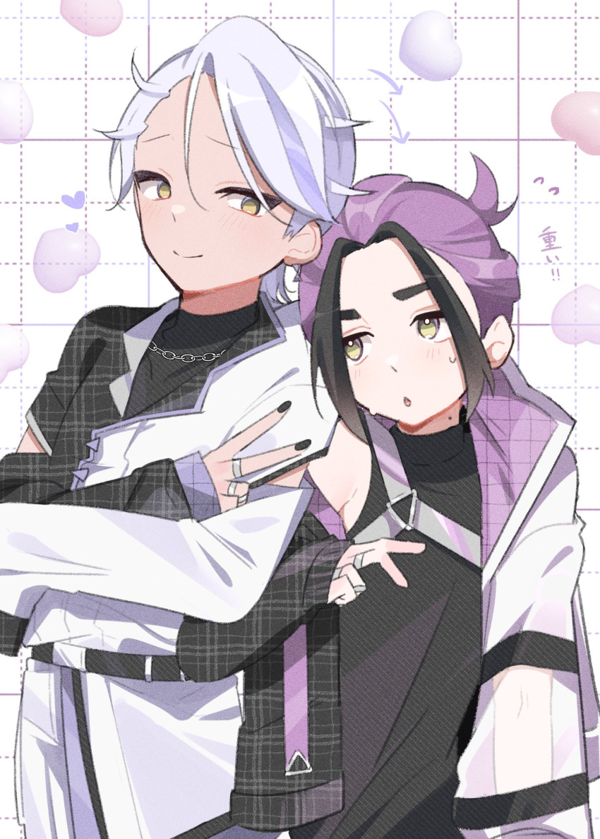 alternate_costume alternate_hairstyle arrow_(symbol) asymmetrical_sleeves black_hair black_nails chain chain_necklace drayton_(pokemon) flying_sweatdrops grey_hair grid_background hair_between_eyes heart highres jacket jewelry kieran_(pokemon) long_sleeves male_focus mole mole_on_neck multicolored_hair multiple_boys multiple_rings nail_polish necklace parted_lips pokemon pokemon_sv purple_hair ring shizumu_(4_zu6) sweat v yaoi yellow_eyes