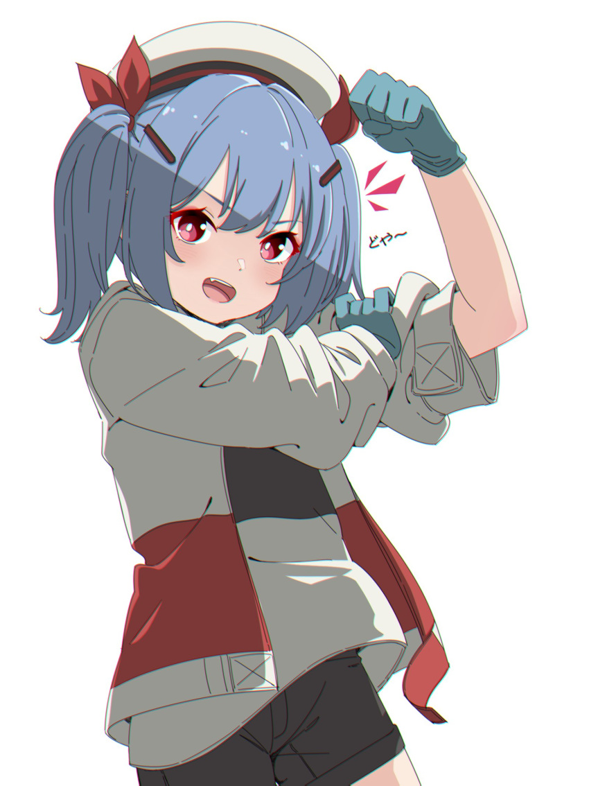 1girl aqua_gloves beret black_shirt black_shorts blue_hair bow bright_pupils colphne_(girls'_frontline_2) commentary_request girls'_frontline girls'_frontline_2:_exilium gloves hair_bow hat highres jacket looking_at_viewer medium_hair open_clothes open_jacket open_mouth plasbott red_bow red_eyes shirt short_twintails shorts simple_background sleeves_rolled_up solo teeth twintails two-tone_shirt upper_teeth_only white_background white_hat white_jacket white_pupils white_shirt