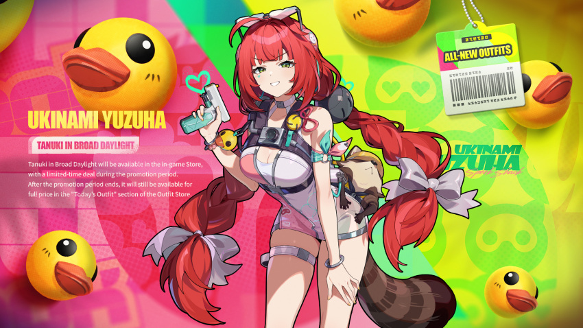 1girl ahoge barcode bead_bracelet beads blunt_bangs blush bow bracelet breasts character_name cleavage commentary english_commentary english_text eyelashes eyewear_on_head facial_mark green_background green_eyes grey_bow grin hair_bow heart heart-shaped_eyewear heart_facial_mark highres holding holding_water_gun jewelry leaning_forward long_hair looking_at_viewer low_twintails medium_breasts official_alternate_costume official_art one-piece_swimsuit pink_background pink_one-piece_swimsuit red_hair sidelocks skindentation smile solo sphere_hair_ornament standing sunglasses swimsuit teeth thigh_strap thighs twintails two-tone_one-piece_swimsuit ukinami_yuzuha ukinami_yuzuha_(tanuki_in_broad_daylight) v-shaped_eyebrows very_long_hair water_gun white_one-piece_swimsuit zenless_zone_zero